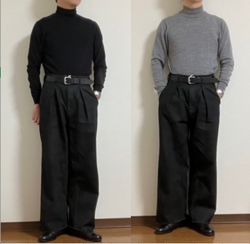 sabyの定番アイテムであるタックバギーパンツとタートルネックセーターを合わせたコーディネート