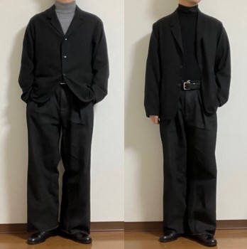 sabyの定番アイテムであるタックバギーパンツとテーラードジャケットを合わせたコーディネート