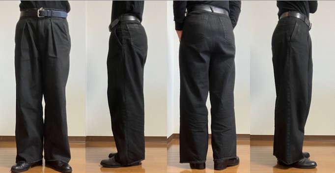 sabyの定番アイテムであるタックバギーパンツを穿いてシルエットを伝える画像