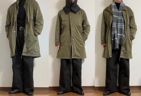 sabyの定番アイテムであるタックバギーパンツとモッズコートを合わせたコーディネート