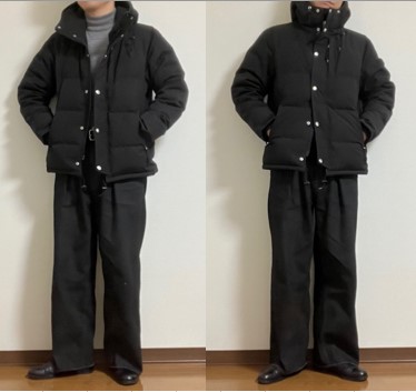 sabyの定番アイテムであるタックバギーパンツとダウンジャケットを合わせたコーディネート