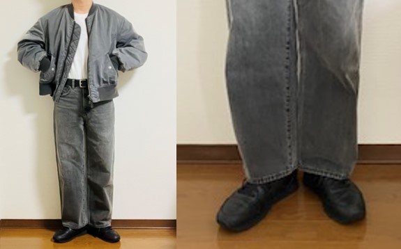 リーボックのクラシックレザー（黒）とグレーデニムを合わせたコーディネート