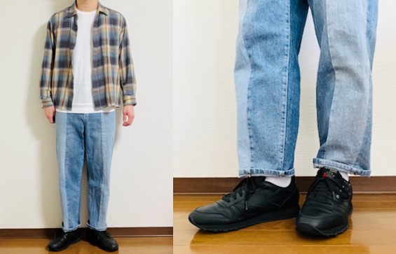 リーボックのクラシックレザー（黒）とライトブルーデニムを合わせたコーディネート